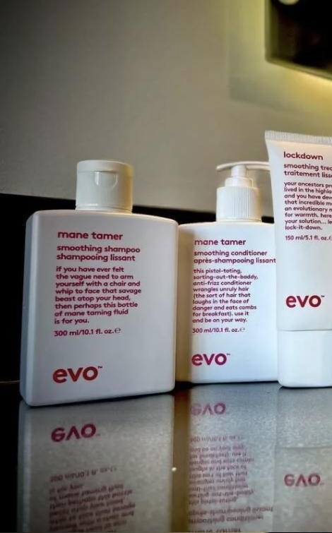 evo mane tamer smoothing wash and lockdown treatment on the counter