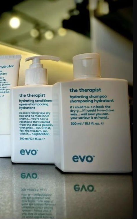 evo the therapist hydrating shampoo and conditioner on the counter