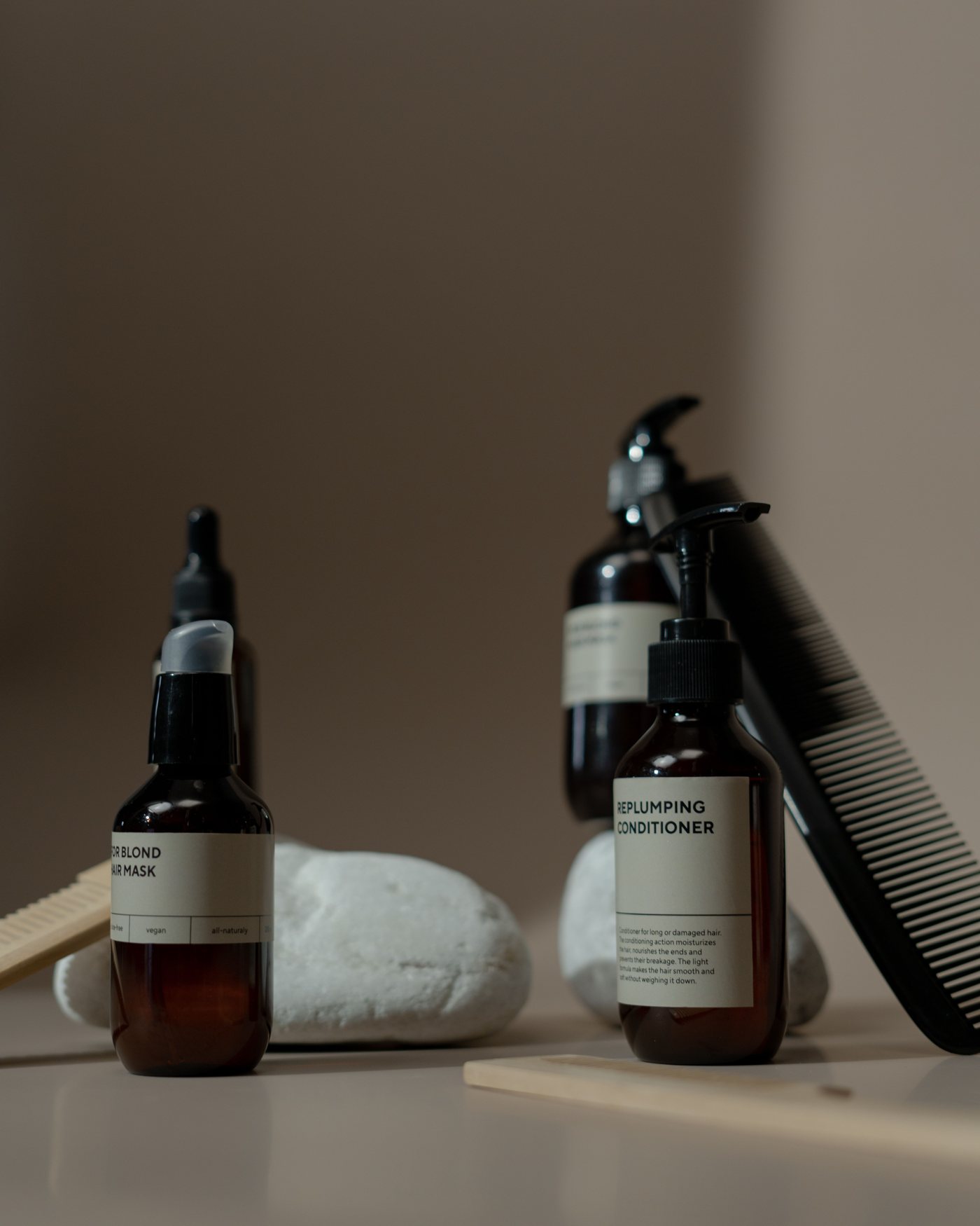 Grooming bottles and combs on the shelf